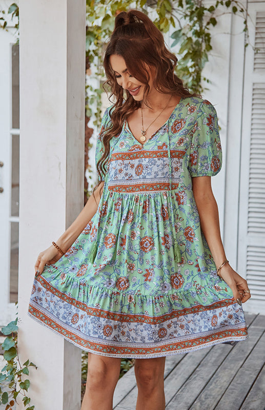 Floral Print Puff Sleeve Bohemian Dress - Green / S