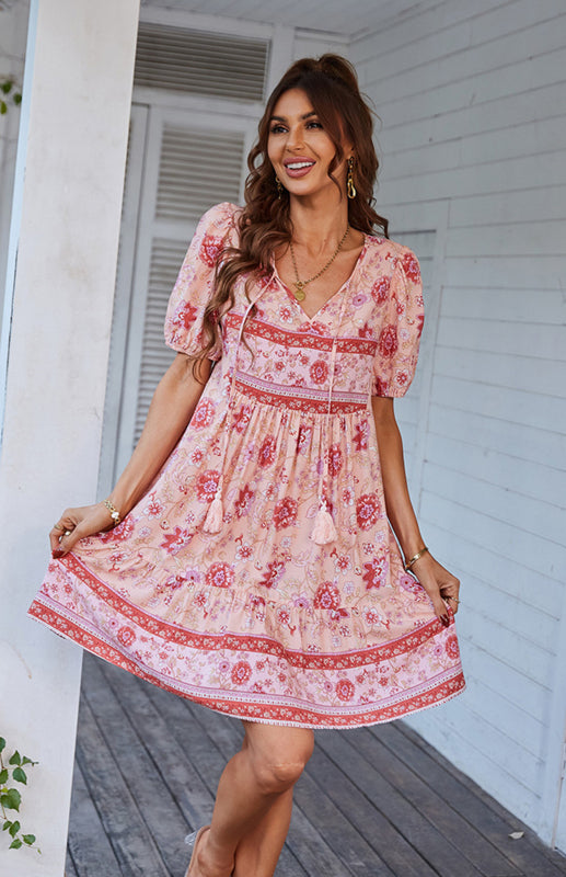 Floral Print Puff Sleeve Bohemian Dress - Pink / S