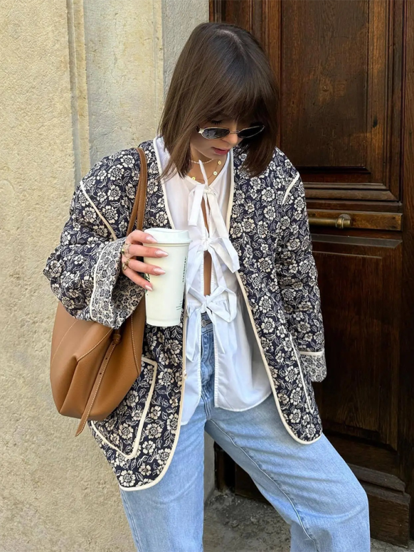 Floral Print Reversible Cotton Jacket - Purplish blue navy / S