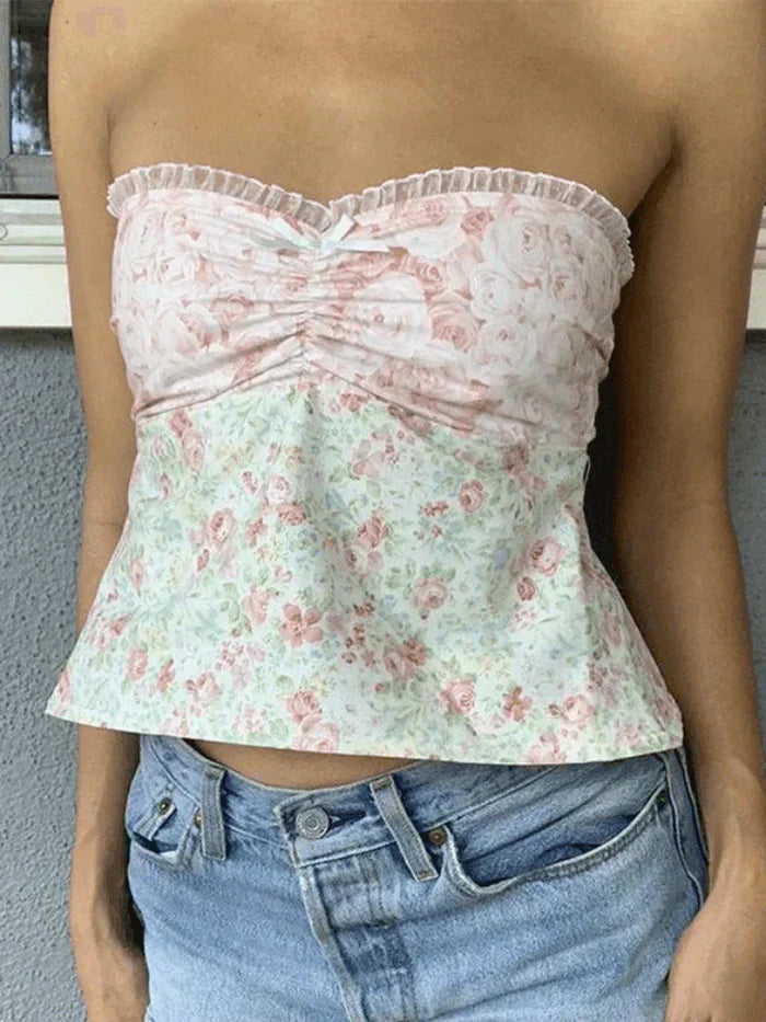FLORAL PRINT STRAPLESS TOP WITH LACE TRIM AND CHECKERED BANDEAU DESIGN