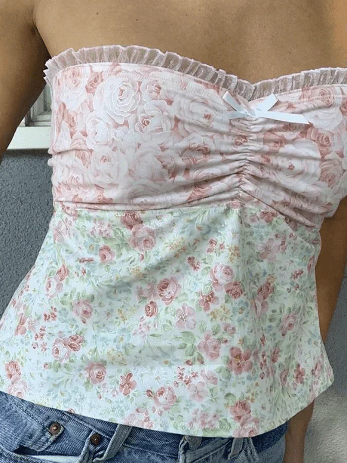 FLORAL PRINT STRAPLESS TOP WITH LACE TRIM AND CHECKERED BANDEAU DESIGN
