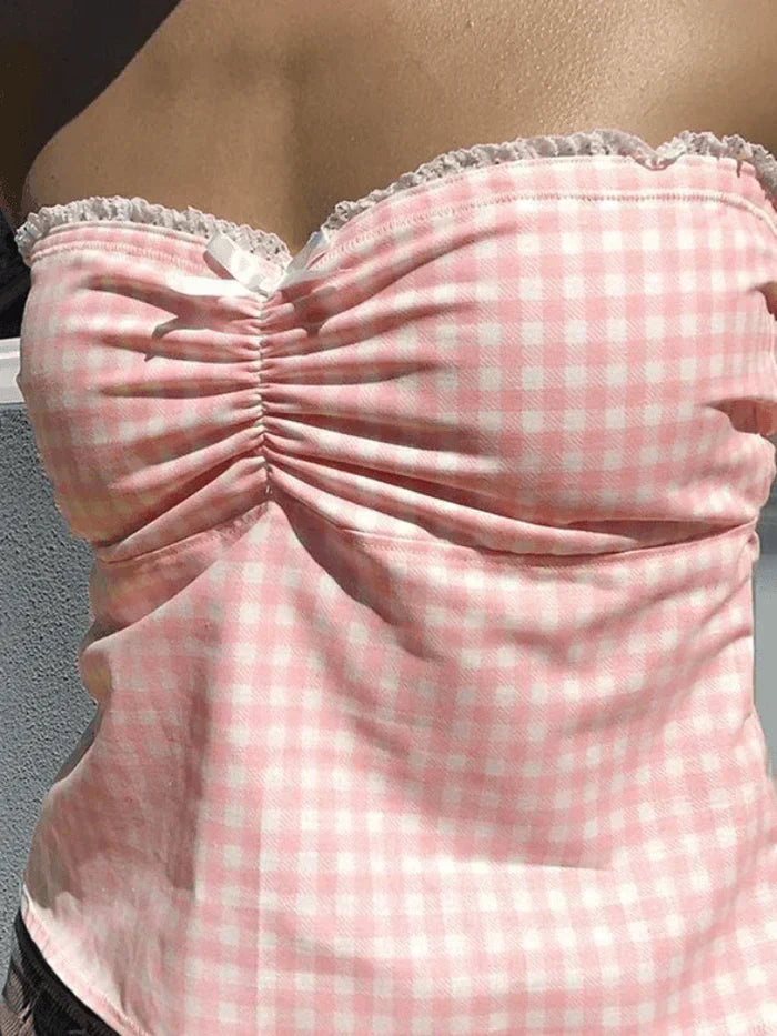 FLORAL PRINT STRAPLESS TOP WITH LACE TRIM AND CHECKERED BANDEAU DESIGN