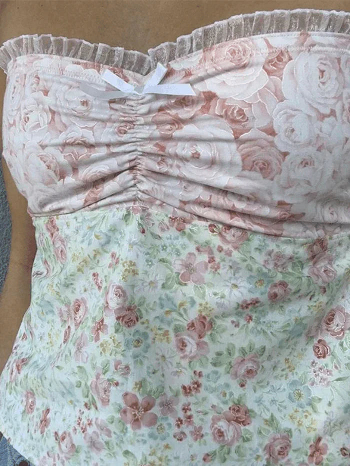 FLORAL PRINT STRAPLESS TOP WITH LACE TRIM AND CHECKERED BANDEAU DESIGN