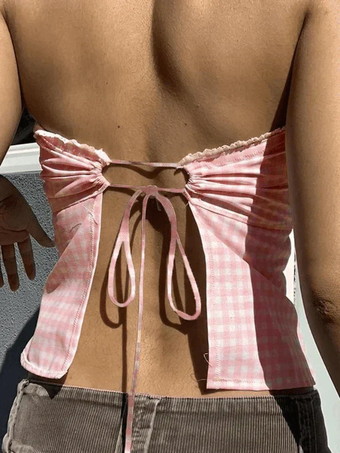 FLORAL PRINT STRAPLESS TOP WITH LACE TRIM AND CHECKERED BANDEAU DESIGN