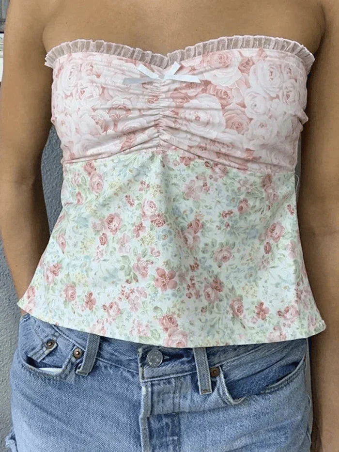 FLORAL PRINT STRAPLESS TOP WITH LACE TRIM AND CHECKERED BANDEAU DESIGN