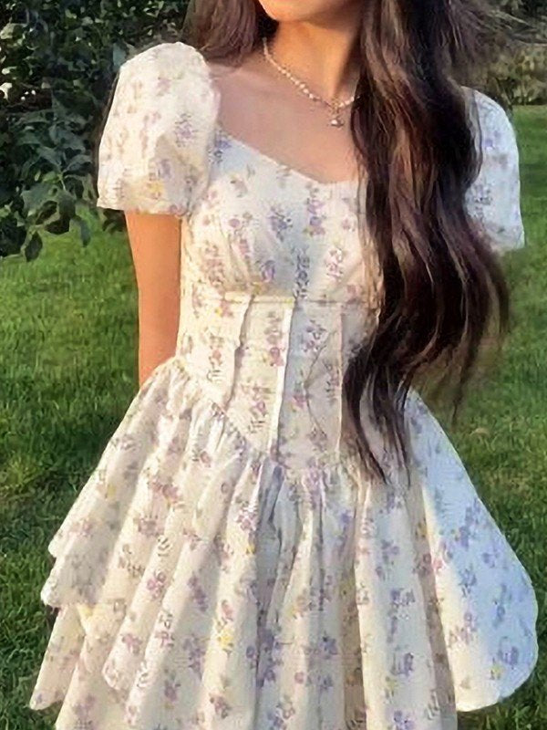 FLORAL PRINT TIERED MINI DRESS WITH SWEETHEART NECKLINE - CUTE Y2K MINI