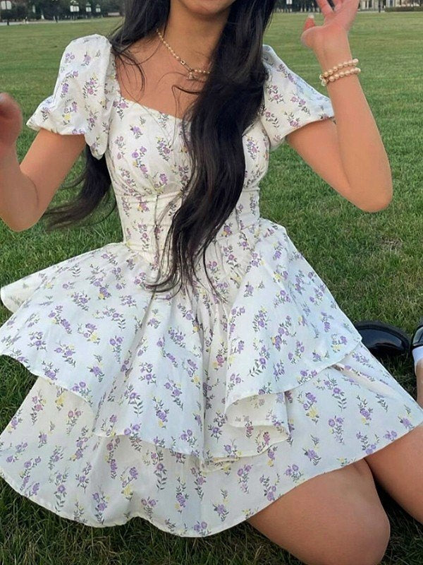 FLORAL PRINT TIERED MINI DRESS WITH SWEETHEART NECKLINE - CUTE Y2K MINI