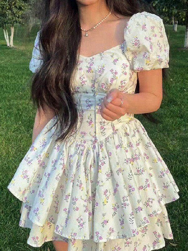 FLORAL PRINT TIERED MINI DRESS WITH SWEETHEART NECKLINE - CUTE Y2K MINI