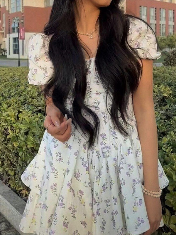 FLORAL PRINT TIERED MINI DRESS WITH SWEETHEART NECKLINE - CUTE Y2K MINI