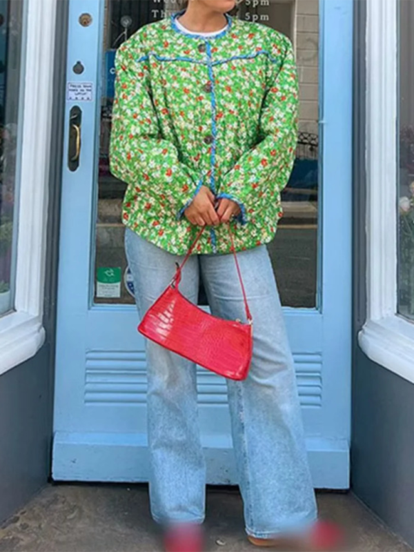 Floral Print Wrap Cotton Jacket - Green / S