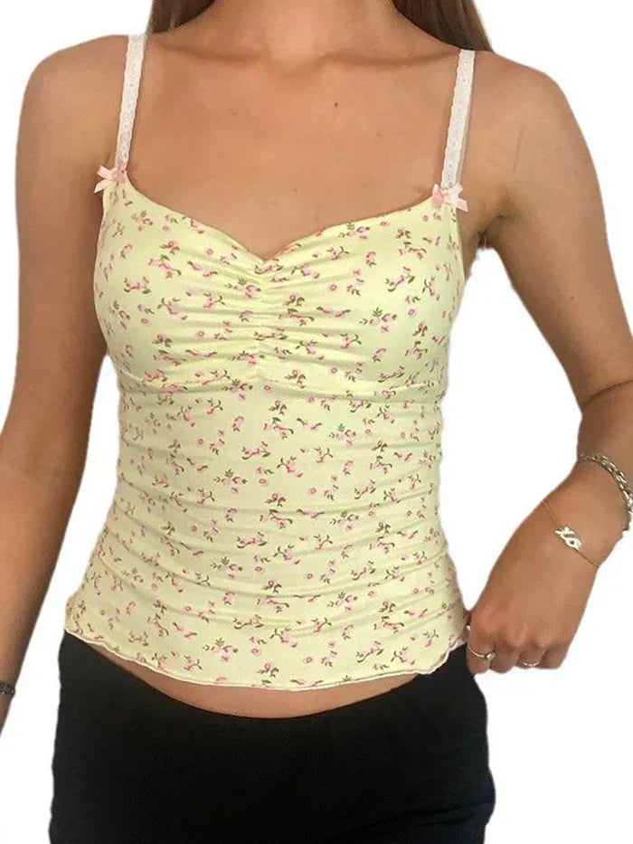 FLORAL PRINT YELLOW CAMISOLE Y2K SLIM FIT FASHION TOP