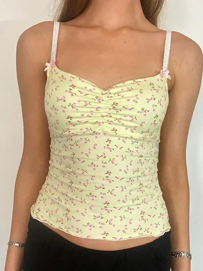 FLORAL PRINT YELLOW CAMISOLE Y2K SLIM FIT FASHION TOP