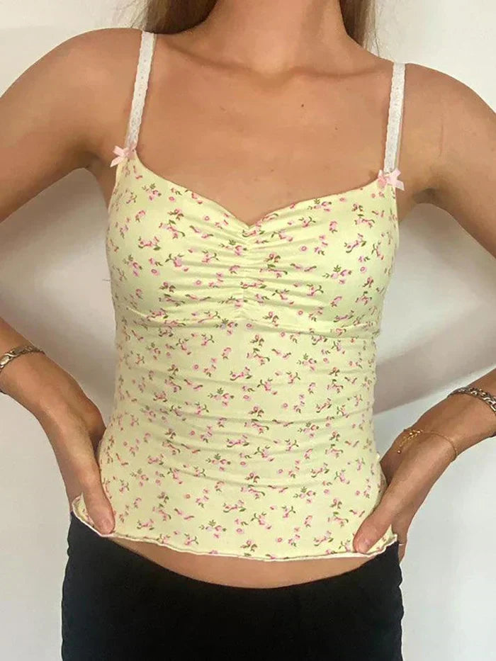 FLORAL PRINT YELLOW CAMISOLE Y2K SLIM FIT FASHION TOP
