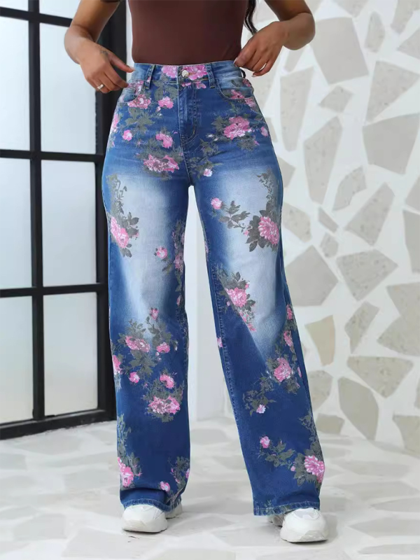 Floral Printed Wide Leg Pants Women’s Jeans - Blue / S