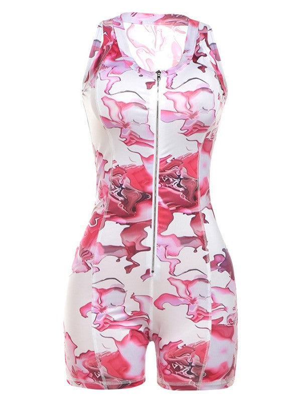 FLORAL ROMPER WITH FRONT ZIPPER - SLIM FIT VINTAGE PRINT ZIPPER