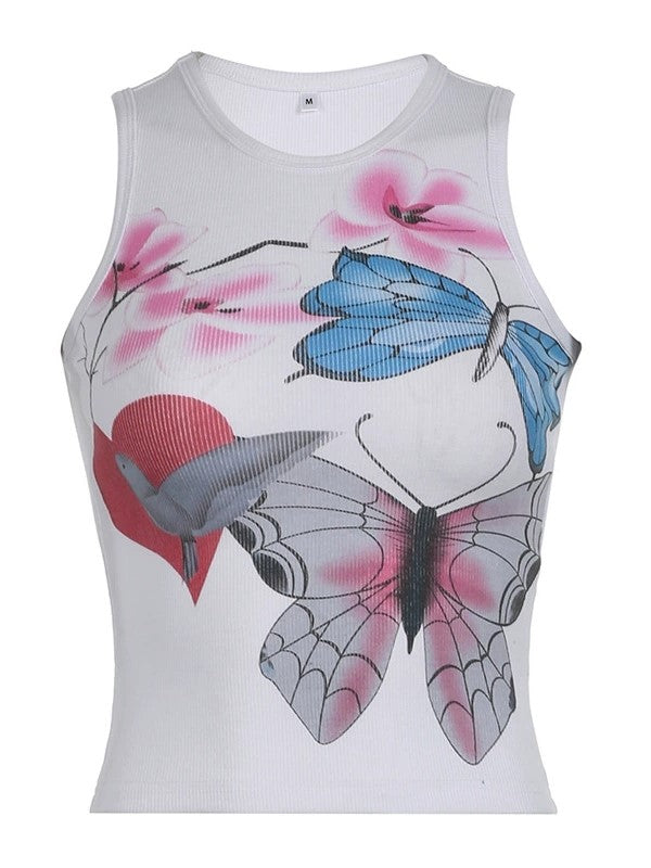 FLORAL SLIM FIT TANK TOP WITH BUTTERFLY AND FLORAL PRINT