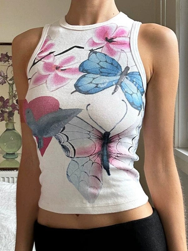 FLORAL SLIM FIT TANK TOP WITH BUTTERFLY AND FLORAL PRINT