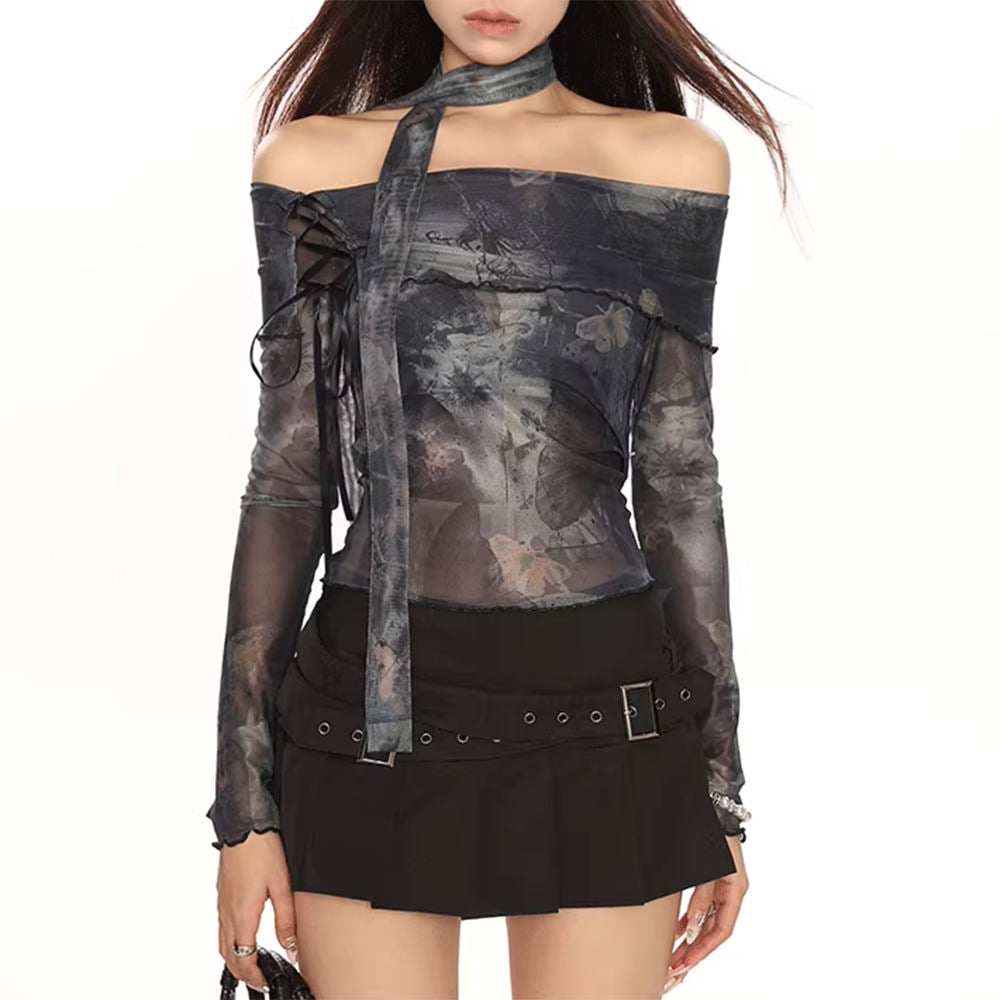 FLORAL TOP AND PINSTRIPE SKIRT Y2K SHEER MESH SET