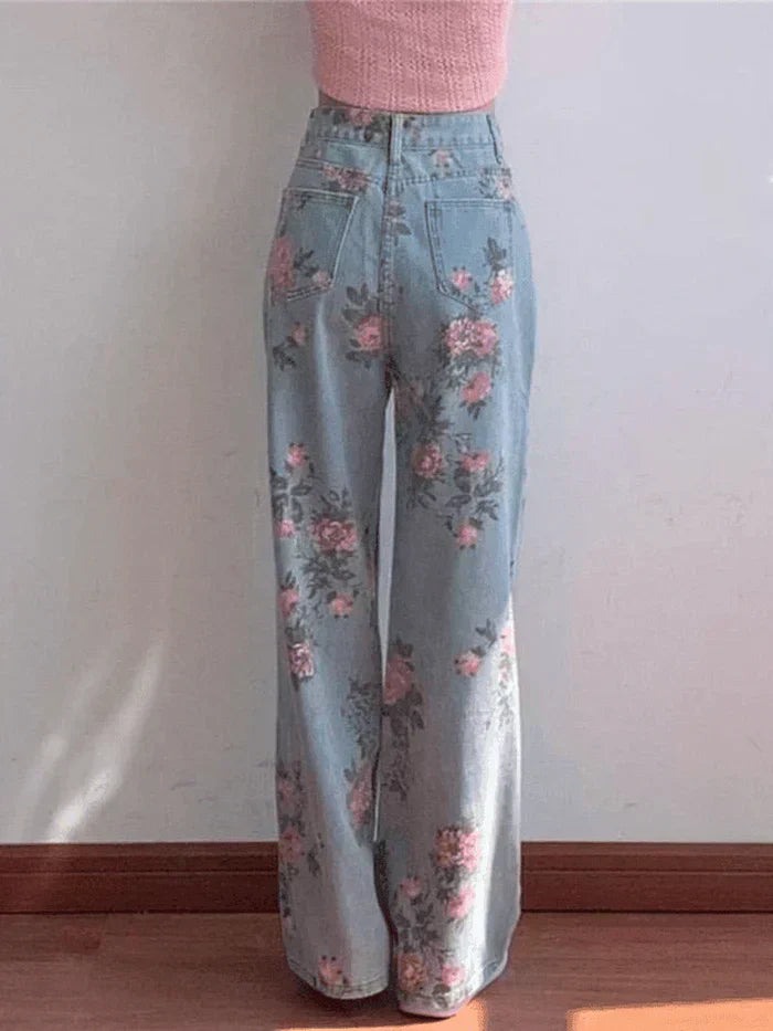 FLORAL WIDE-LEG JEANS HIGH RISE BLUE FLORAL HIGH DESIGN