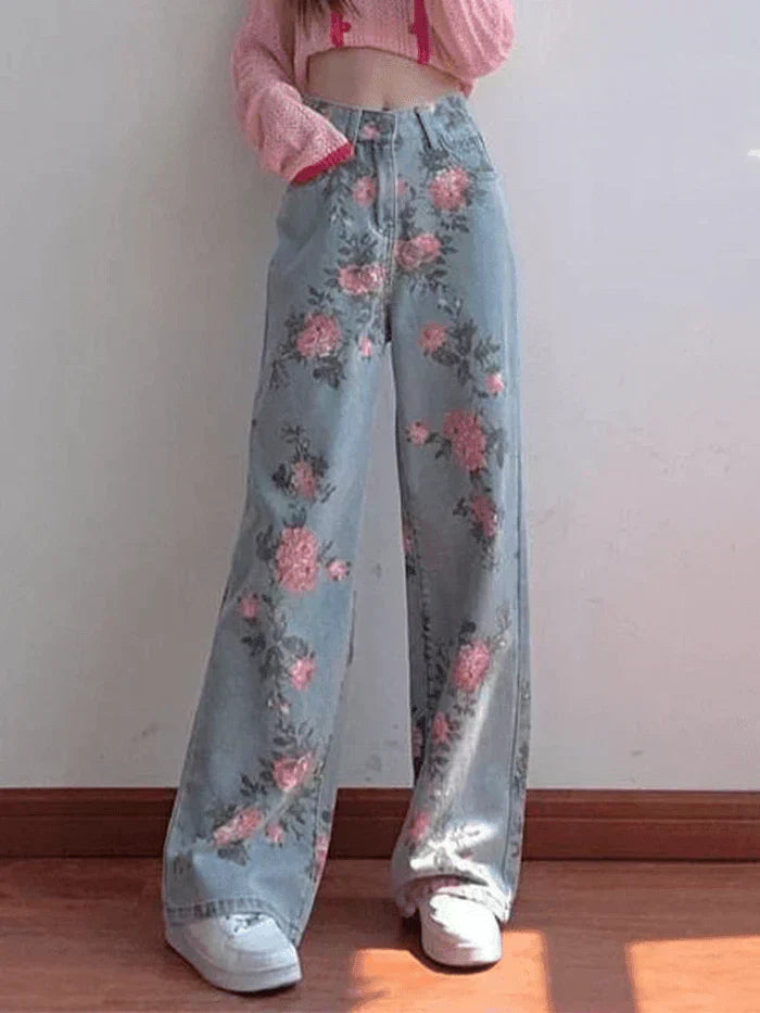 FLORAL WIDE-LEG JEANS HIGH RISE BLUE FLORAL HIGH DESIGN