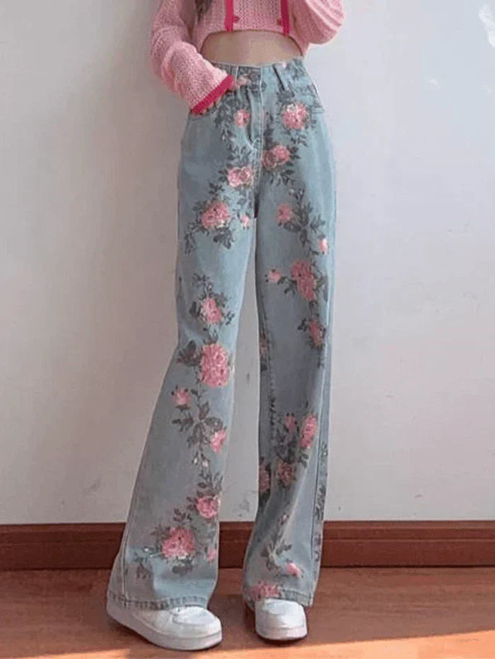 FLORAL WIDE-LEG JEANS HIGH RISE BLUE FLORAL HIGH DESIGN