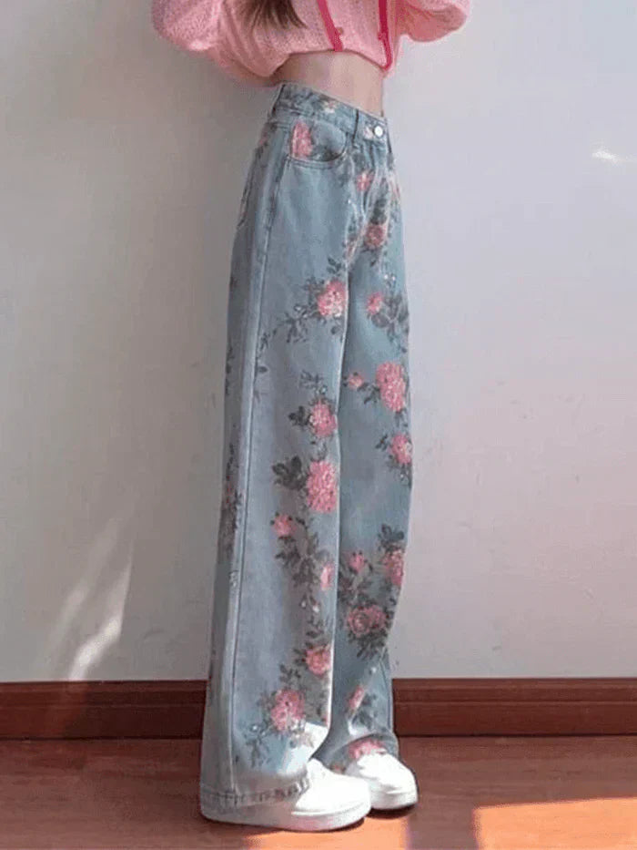 FLORAL WIDE-LEG JEANS HIGH RISE BLUE FLORAL HIGH DESIGN