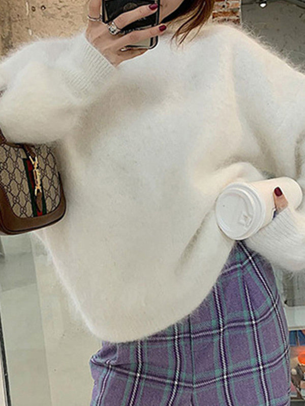 FLUFFY WHITE SWEATER COZY LOOSE FIT FOR ULTIMATE COMFORT