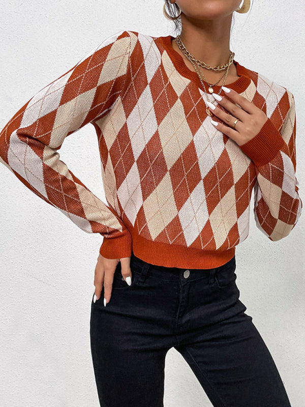 Foreign trade women's long-sleeved short rhombus sweater - Closther