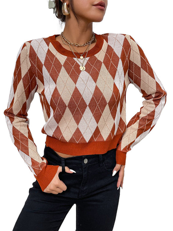 Foreign trade women's long-sleeved short rhombus sweater - Closther