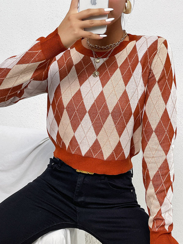 Foreign trade women's long-sleeved short rhombus sweater - Closther