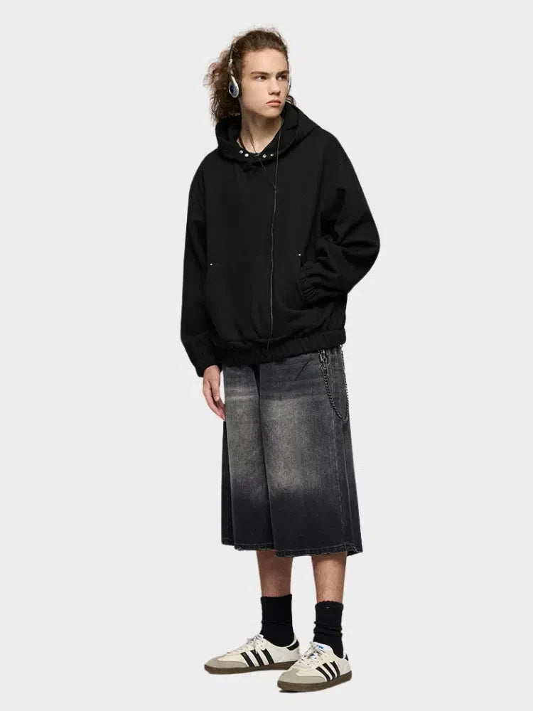 GRAY FOUR-BUTTON FLEECE HOODIE