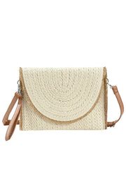 Frayed Trim Two Tone Straw Clutch Crossbody Bag