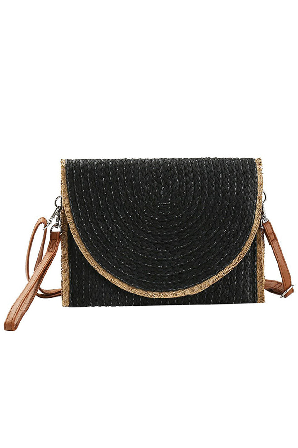 Frayed Trim Two Tone Straw Clutch Crossbody Bag