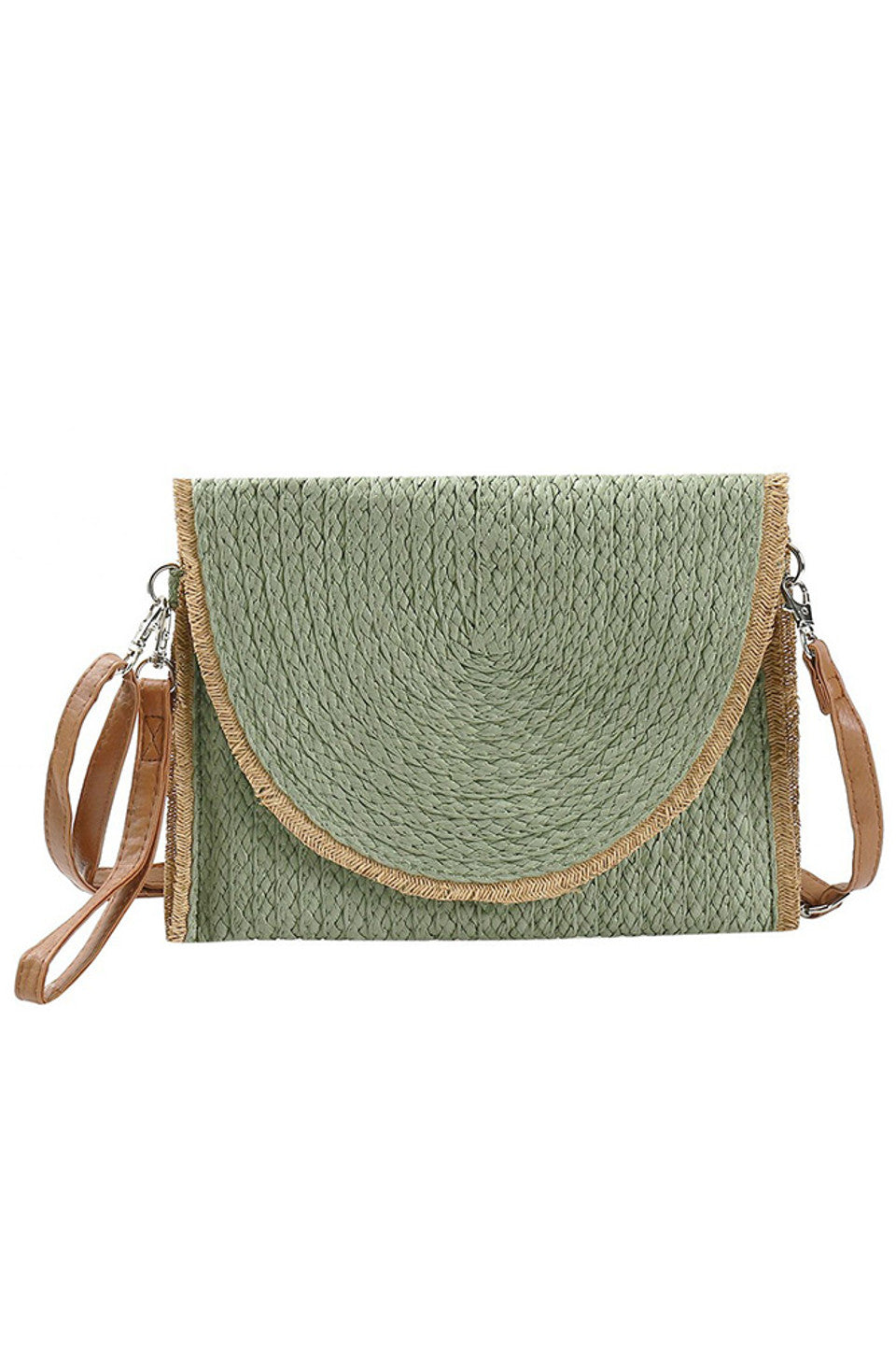 Frayed Trim Two Tone Straw Clutch Crossbody Bag