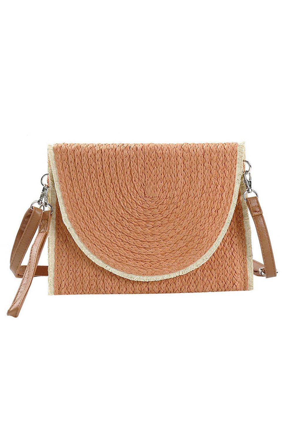 Frayed Trim Two Tone Straw Clutch Crossbody Bag