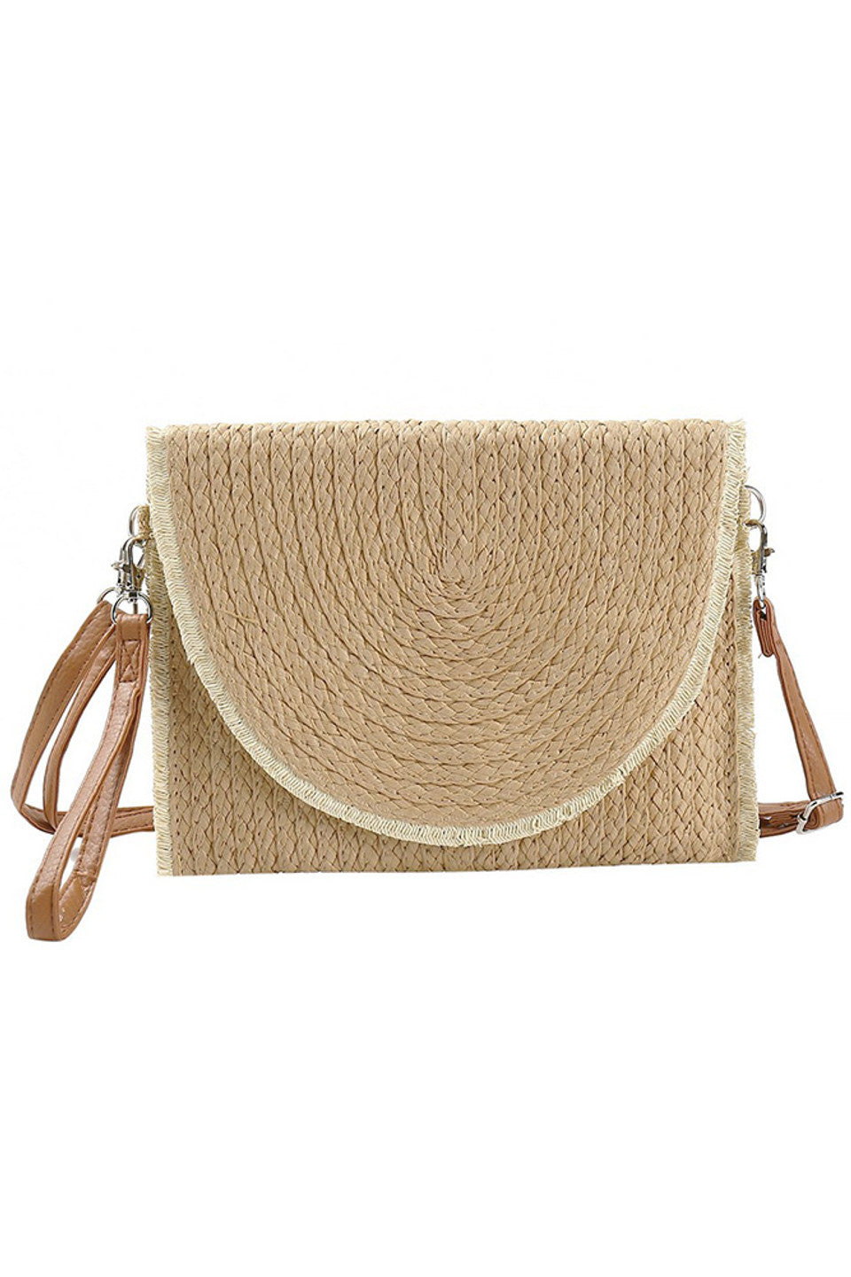 Frayed Trim Two Tone Straw Clutch Crossbody Bag