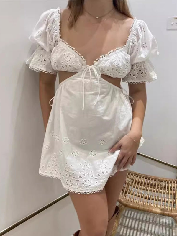 French lace sexy deep V-neck hollow waist short dress - White / S