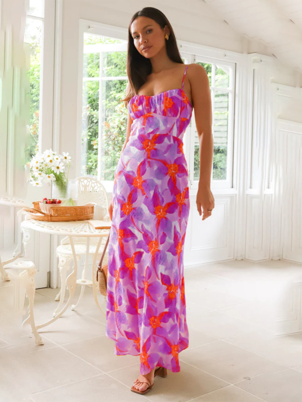 Fresh and sweet summer floral print backless midi dress - Purple / S