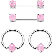 14G Pink CZ Gem BCR Captive Ring Barbell Nipple Ring Set