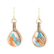 Blue and Orange Turquoise and Spiny Oyster Shell Stone Mix Golden Earrings