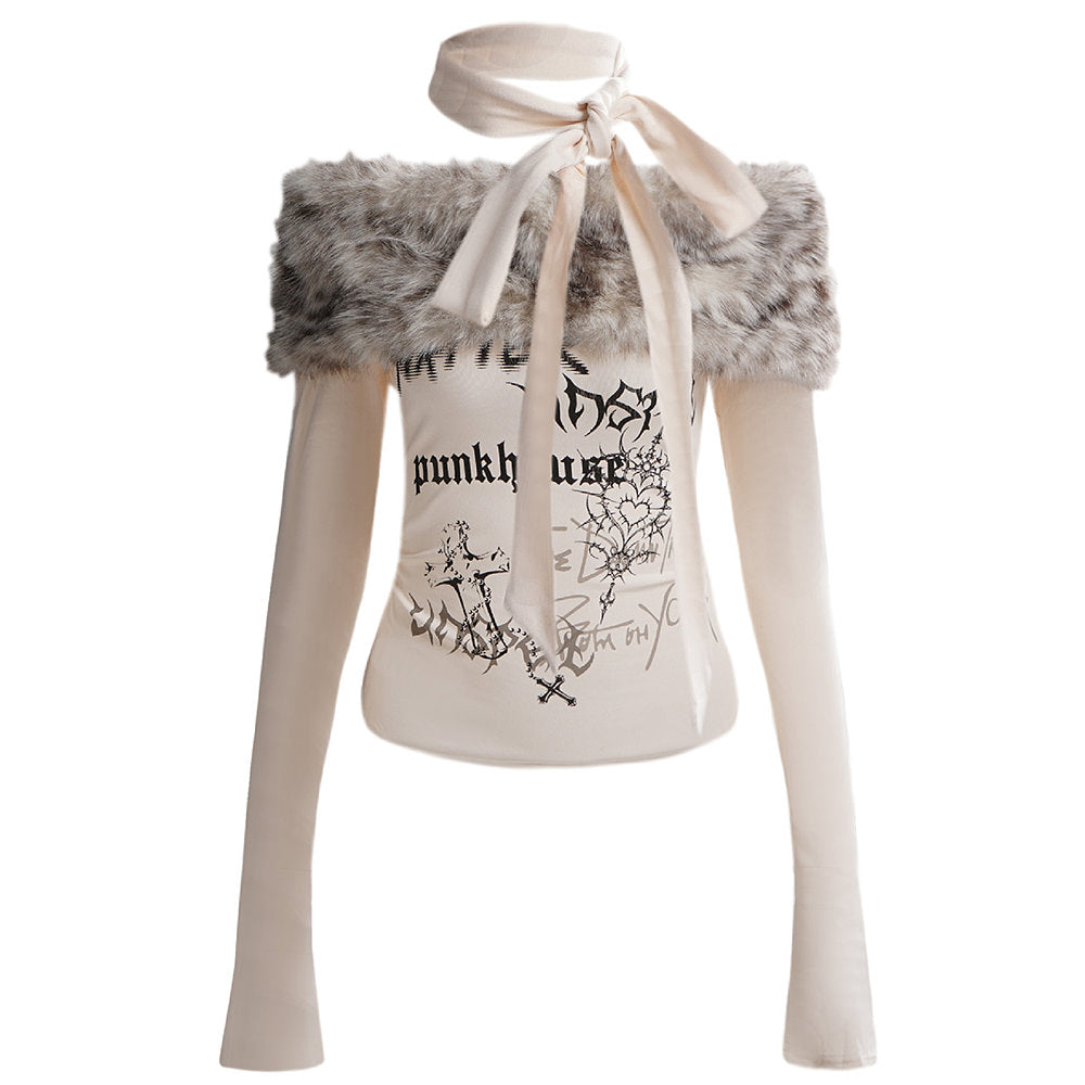 FUZZY LEOPARD-PRINT FAUX FUR TRIM OFF-SHOULDER TOP