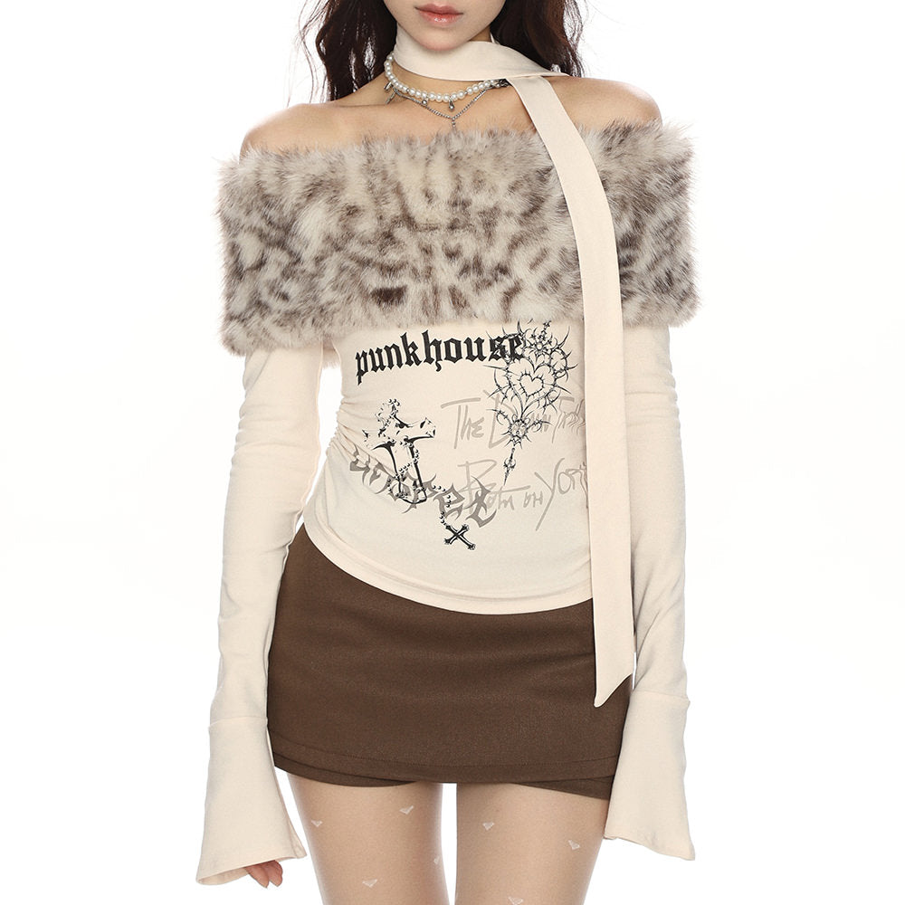FUZZY LEOPARD-PRINT FAUX FUR TRIM OFF-SHOULDER TOP
