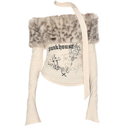 FUZZY LEOPARD-PRINT FAUX FUR TRIM OFF-SHOULDER TOP
