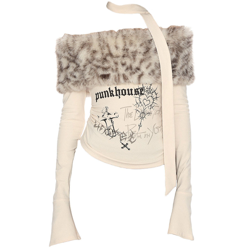 FUZZY LEOPARD-PRINT FAUX FUR TRIM OFF-SHOULDER TOP