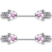 14G 9/16 Pink Gem Star Hamsa Hand Barbell Nipple Ring Set