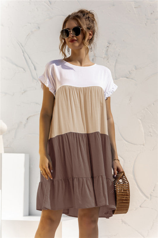 Robe-chemise bébé ample à manches courtes et blocs de couleur pour femme 