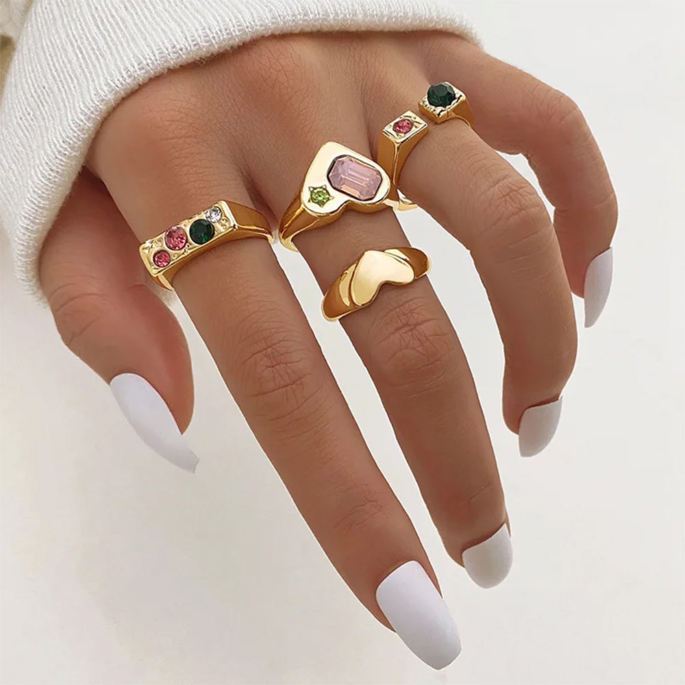 GEMSTONE HEART RING SET: VIBRANT GEMSTONES CHARM SCHOOL AESTHETIC