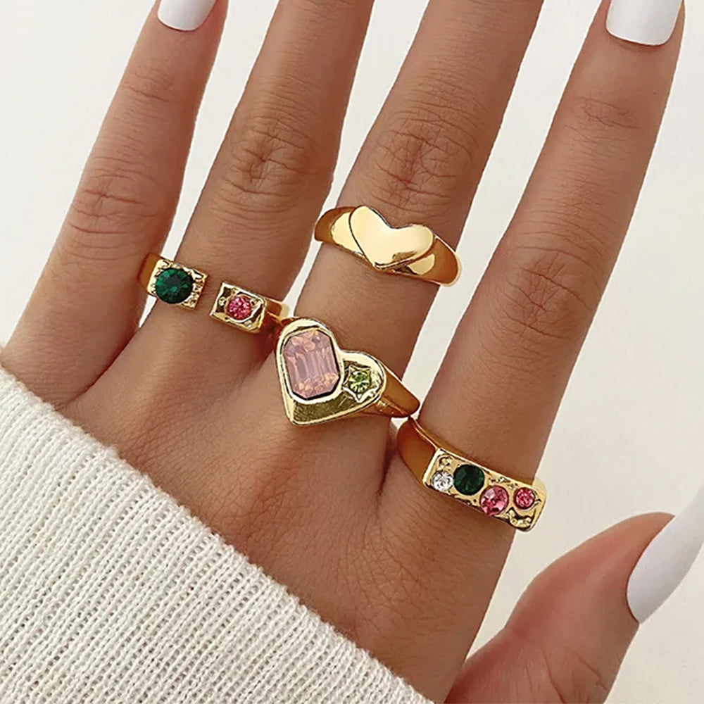 GEMSTONE HEART RING SET: VIBRANT GEMSTONES CHARM SCHOOL AESTHETIC