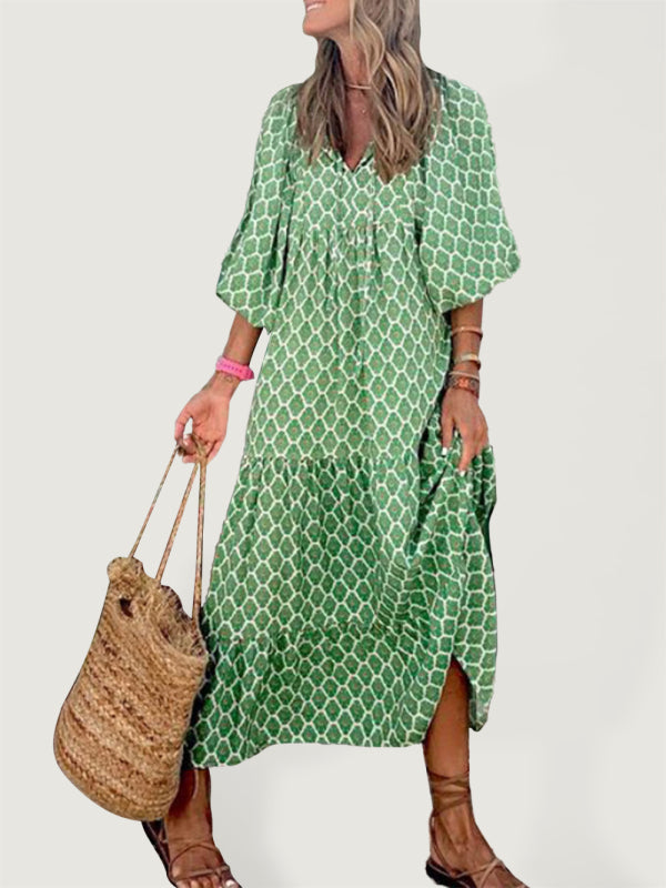 Geometric Collage Puff Sleeve Dress Street Holiday Women’s Clothing - Green / S