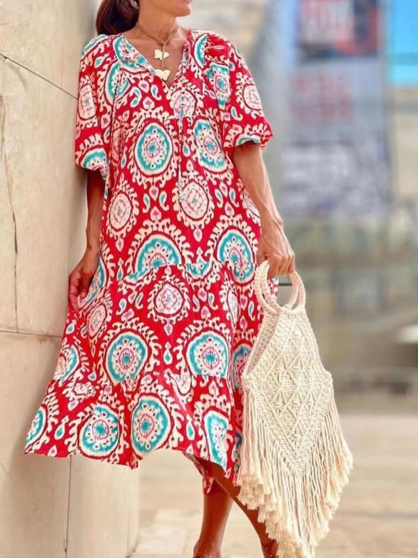 Geometric Collage Puff Sleeve Dress Street Holiday Women’s Clothing